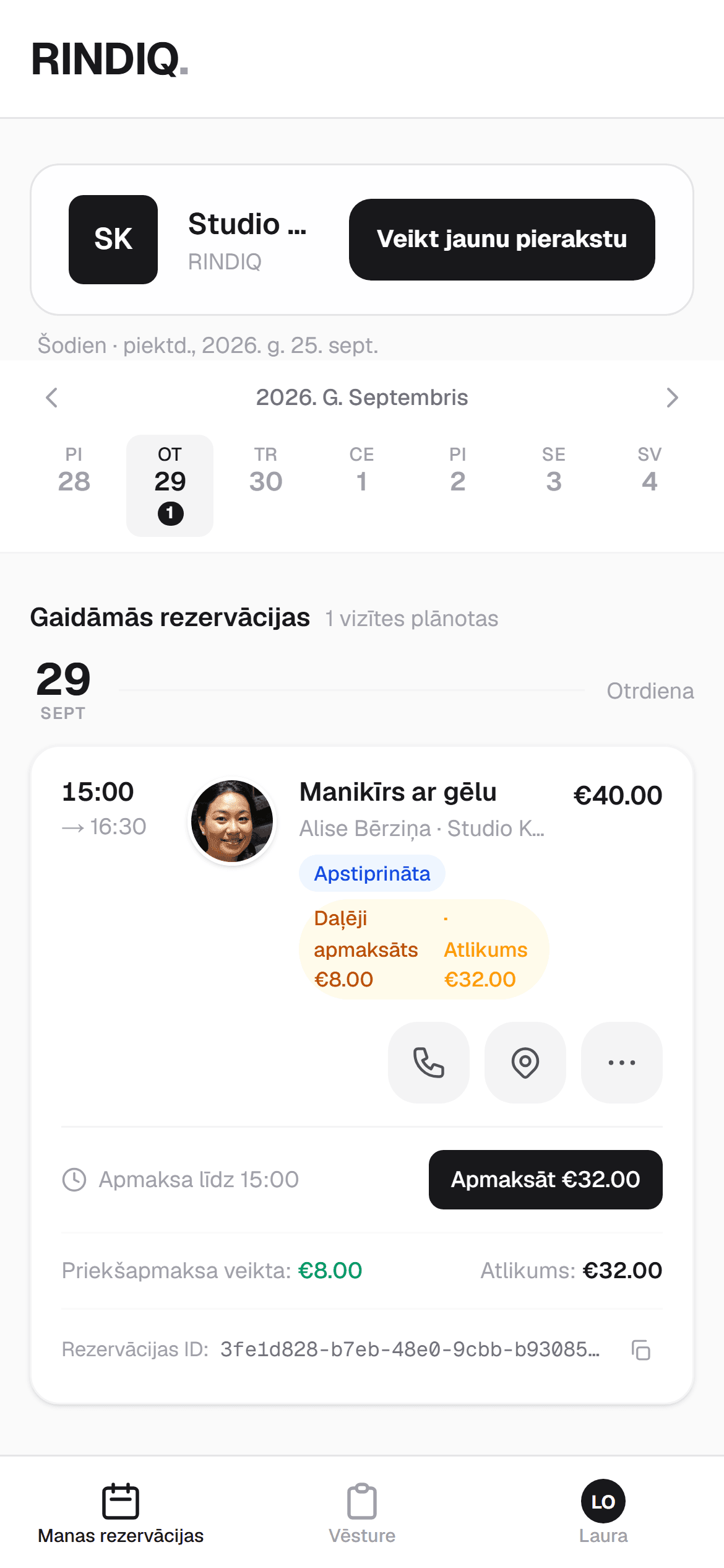 RINDIQ klienta portāls telefonā ar samaksāto avansu un atlikušo summu
