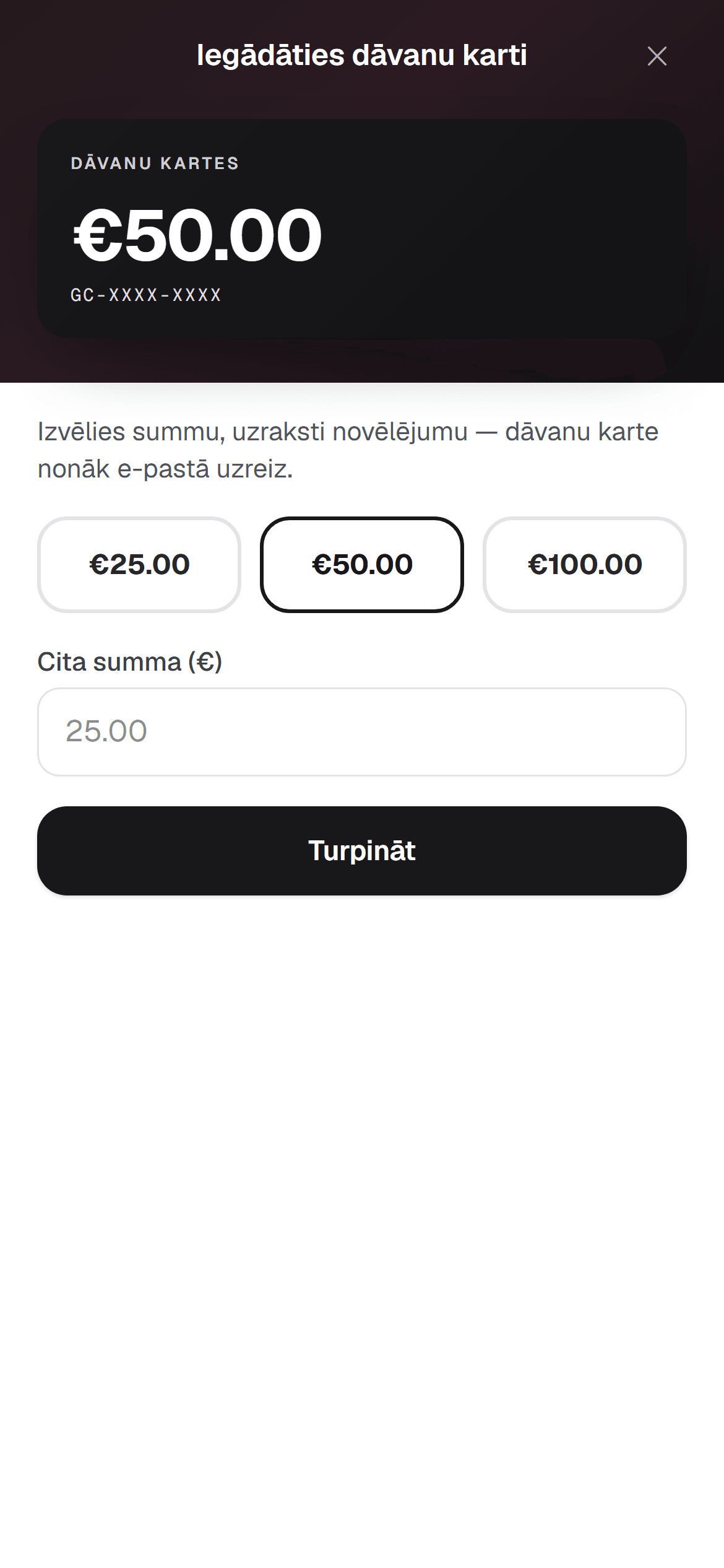 RINDIQ dāvanu kartes pirkšana telefonā ar summas izvēli