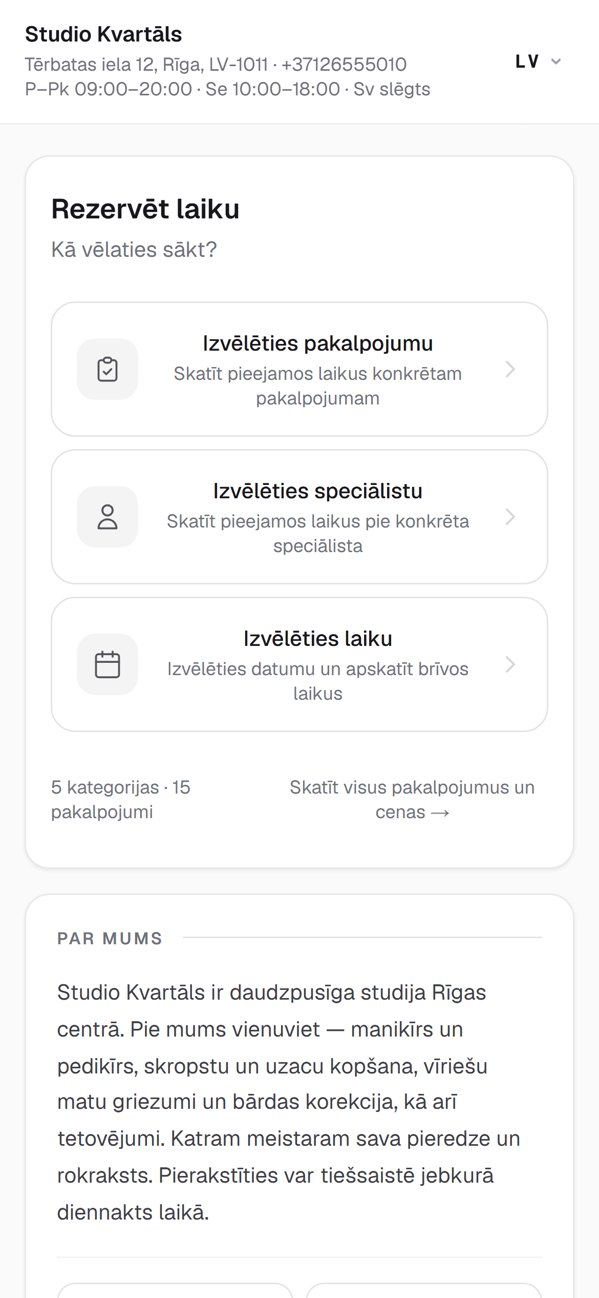 RINDIQ pieraksta lapa telefonā ar pakalpojumiem un cenām