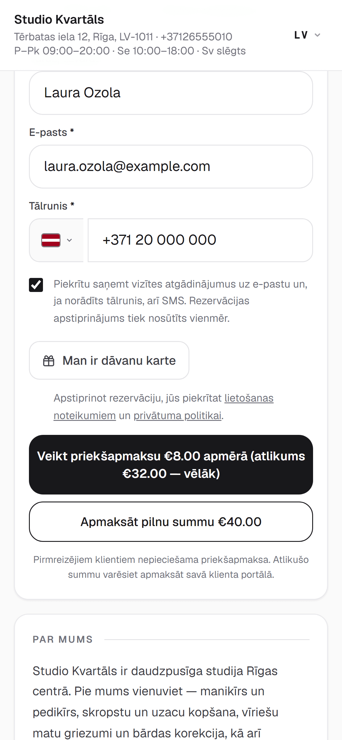RINDIQ pieraksta lapa telefonā ar izvēli samaksāt avansu vai visu summu